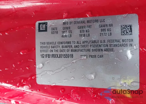 2018 Chevrolet Camaro 1Lt from USA, damaged, VIN 1G1FB1RXXJ0155918